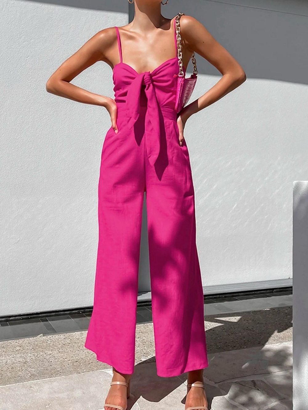 Commense Bright Pink Tie-Front Wide-Leg Jumpsuit